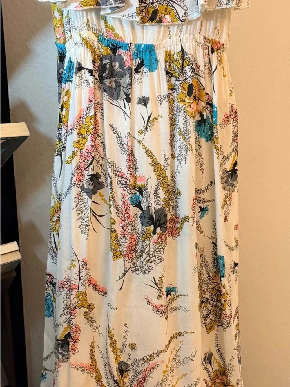 Mimi Chica Floral Pink, Blue, and Yellow Blooms Strappy Flowy Boho Midi Small - Picture 3 of 12